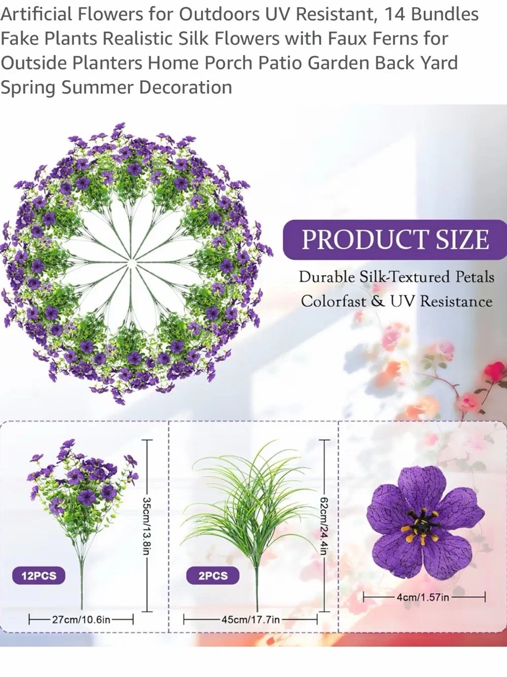 Artificial Outdoor Silk Flowers Planter in Purple & Pink